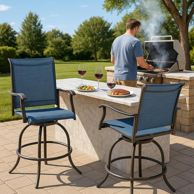 Kozyard Isabella Outdoor Swivel Bar Stools, Counter Height Patio Swivel Chairs with Textilene Seat, High Outdoor Bar Chairs for Backyard, Bistro, and Patio Bars NavyBlue