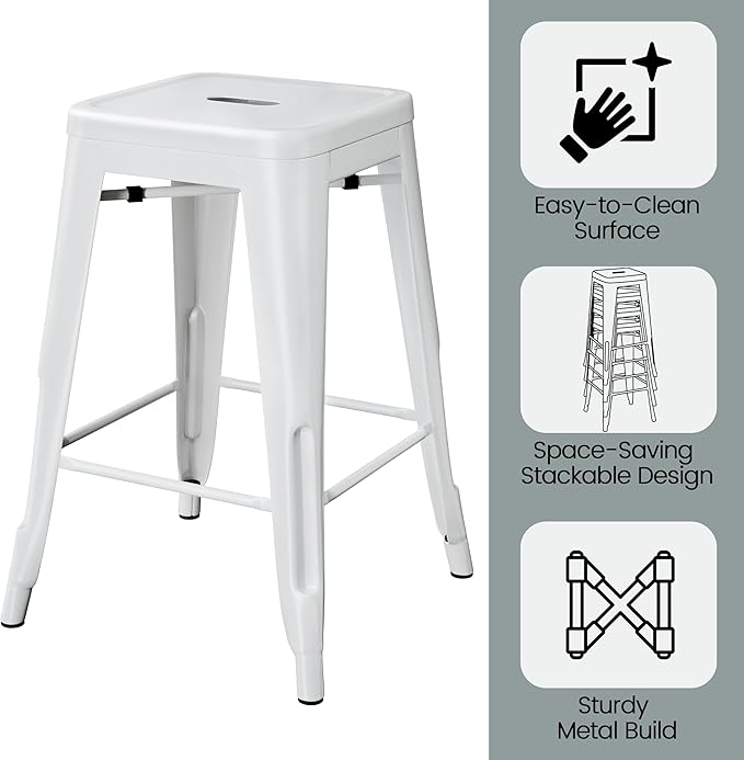 Yaheetech 24 Inch Metal Barstools Set of 4, Counter Height Backless Stools, Industrial Stackable Bar Chairs with Footrest for Kitchen/Dining Room/Bistro/Patio, White