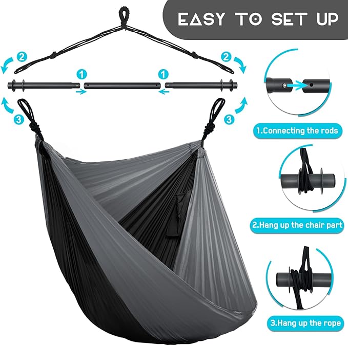 Hammock Swing Chair for Outdoor & Indoor, Lightweight & Portable, Perfect for Adults & Camping (Black, Gray)