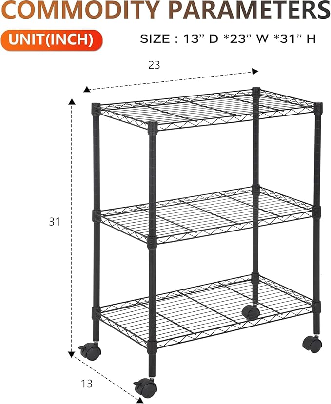 BestOffice | 3-Tier Wire Storage Shelves with Wheels | 23x13x31 | Black | Adjustable Racks | Heavy-Duty Metal Shelf, Holds Upto 170 lbs | No-Tool Assembly | Ideal for Home & Garage Shelving