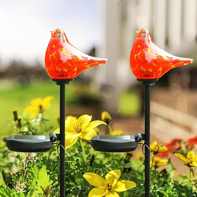 Bshine Solar Garden Decoration Outdoor Red Bird Lights, 2PCS Hand Blown Glass Waterproof Solar Light Stake Decorate Paths, Pathways, Lawns and Yards Art for Mom