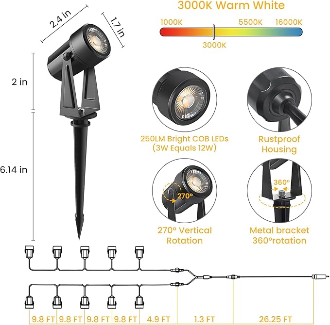 Svater Landscape Lighting Low Voltage, 10 Pack Outdoor Spotlights with Transformer, Plug in LED Spot Lights for Garden, Backyard, House, 3000K Warm White Super Bright 3W 250Lumem, Black