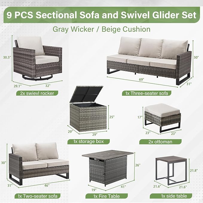 Belord Outdoor Sectional Sofa with 41" Propane Fire Pit Table - 9 Piece Patio Conversation Set with Storage Box and Swivel Rocker Chairs All-Weather PE Wicker Furniture Set Gray