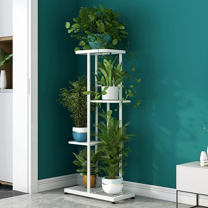 LINZINAR Plant Stand Indoor Outdoor Metal 4 Tier 5 Potted Multiple Flower Pot Holder Shelf Planter Display Shelving Unit for Patio Garden Corner Balcony Living Room (4 Tier 5 Potted, White)