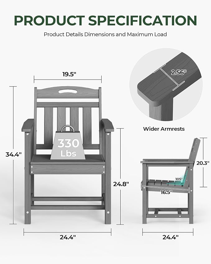 Patio Chairs Set of 2, HDPE Outdoor Dining Chairs with Wide Seat, All Weather Oversized Porch Chair for Garden, Backyard, Deck - Grey