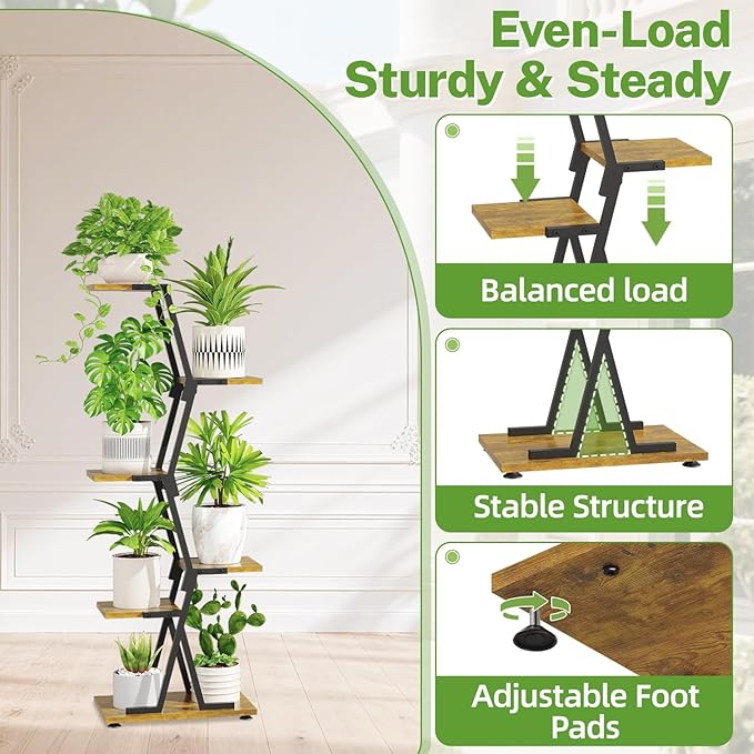 iDavosic.ly 5 Tier Indoor Plant Stand with Grow Light, Corner Tall Metal & Wood Flower Shelf, Orchid Display Rack for Living Room Balcony, Space Saving & Multifunctional Display, Black & Brown