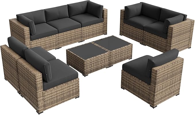 Aoxun Patio Furniture Sets, 10-Piece Outdoor Patio Furniture with Thick Cushions, Wicker Outdoor Conversation Set Sectional Sofa for Backyard, Poolside, Garden