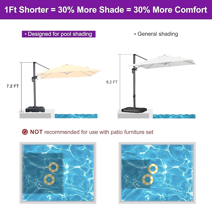 PURPLE LEAF 8' X 8' Patio Umbrella for Pool 7' High Offset Outdoor Cantilever Umbrella Swimming Pool Umbrella with 360°Rotation for Poolside Yellow