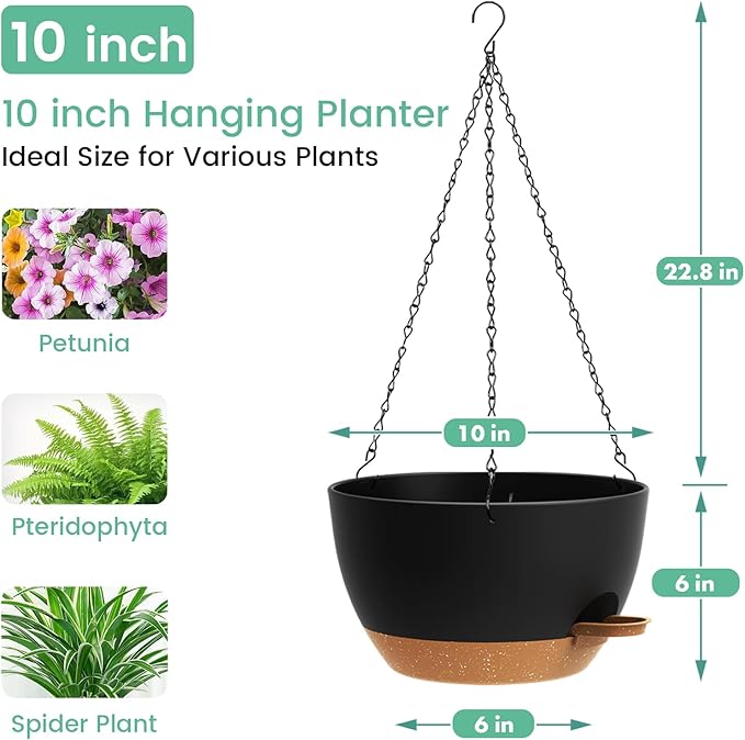 Set of 3-10 Inch Self Watering Hanging Planters for Indoor Outdoor，Hanging Plant Pots with Drainage & Removable Tray, Hanging Pots Holder for Ivy, Pothos, Ferns, Balcony & Patio, Black with Brown