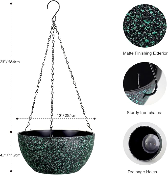 10 inch Hanging Planters for Indoor Outdoor Plants, 2 Pack Hanging Flower Pots with Drainage Holes and Chain for Garden, Plastic Hanging Baskets for House Plants, Black with Green Speckles