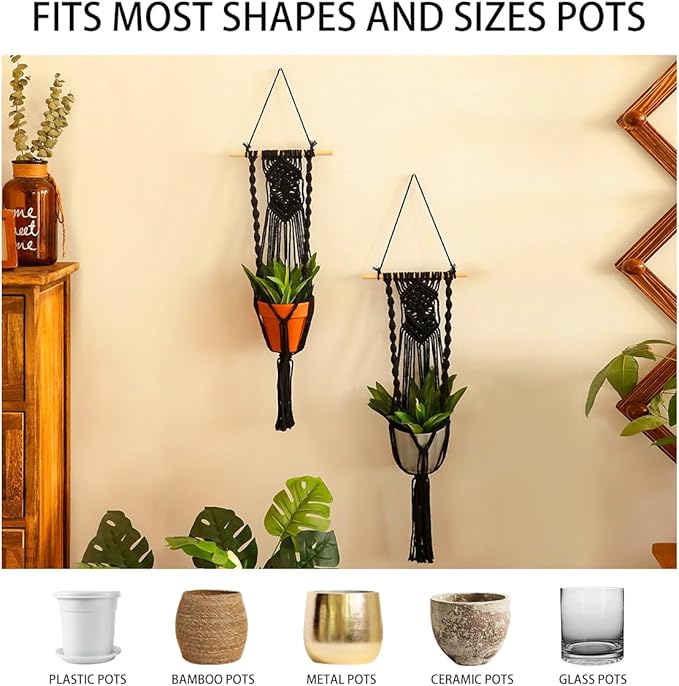 Artilady Black Plant Hanger Macrame Hanging Planter for Indoor Boho Plants Holder with Hooks Hanging Plant Basket Outdoor Window Wall Plants Home Decor (Black Wood Hanger-2pcs)