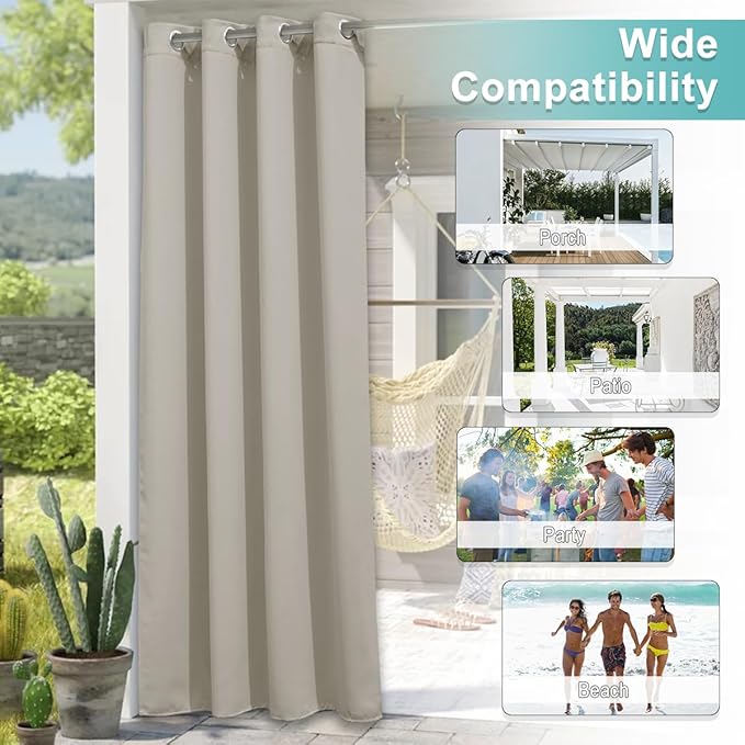 NICETOWN 2 Panels Outdoor Curtains for Patio Waterproof, Rustproof Grommet Cold & Light Blocking Drapes Thermal Insulated Indoor Outdoor Window Treatments for Pergola, Natural, W52 x L72