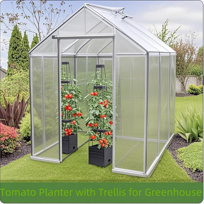 Raised Garden Bed 4 Packs, Planter Boxes with Trellis 58.3'' Tomato Planters for Climbing Vine Vegetables Flowers Plants Self Watering Tomatoes Cage for Outdoor Patio Greenhouse
