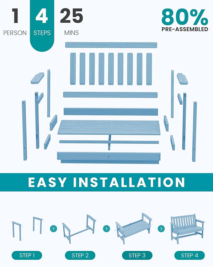 SERWALL Outdoor Bench, HDPE Outdoor Benches Weatherproof, 2-Person Garden Bench with 660 lbs Weight Capacity, Patio Benches for Outdoors, Garden, Porch, Backyard and Park, Light Blue
