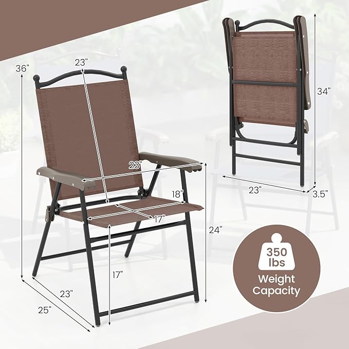 Giantex Set of 2 Patio Folding Chairs, Outdoor Patio Dining Chairs w/Armrest, Sling Back, Metal Frame, Outside Use for Lawn Camping Garden Pool Beach Yard Lounge, No Assembly, Brown
