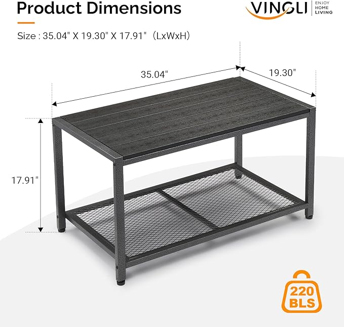 VINGLI Outdoor Coffee Table with Double-Layer Storage, Rectangle Weather-Resistant Patio Coffee Table for Garden, Balcony, Hot Tub, Poolside, Heavy-Duty Metal Frame, Black Modern Design