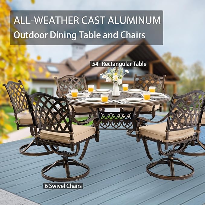 7-Piece Cast Aluminum Patio Furniture, Patio Dining Set for 6 Include 54" Round Outdoor Dining Table and 6 Swivel Chairs with Cushions & Umbrella Hole (Bronze)
