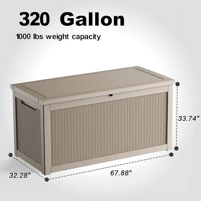 320 Gallon Outdoor Deck Box, Lockable Waterproof Outdoor Storage Boxes For Garden Tools,Indoor Cushions,Accessories Outside Storage Resin Weatherproof Container(Grey)