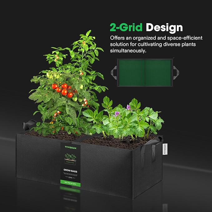 VIVOSUN 3-Pack 2-Grid 10 Gallon Grow Bags, Heavy Duty Square Plant Grow Pots, 400G Thickened Breathable Fabric Plant Container with Reinforced Handles & 10 Pcs Plant Labels for Flowers, Vegetables