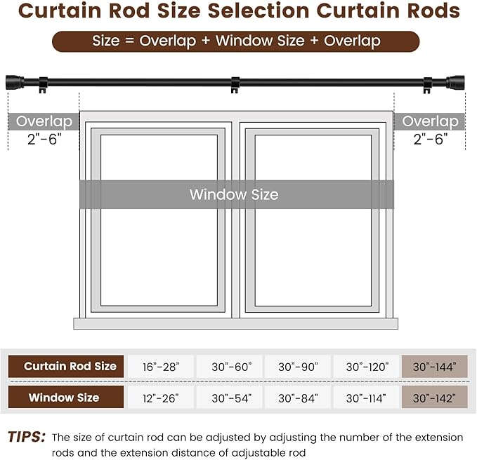 1” Diameter Curtain Rods Itself is 30 to144 inch 1 Pack Fit 30-142 inch, 66 to 120 inch Window with Heavy Duty Adjustable Rod Matte Black Splicing Metal Extra Long Curtain Rod for Windows