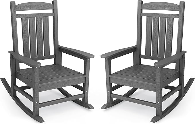 KINGYES Oversized Outdoor Rocking Chair Set of 2, HDPE Patio Rocking Chairs for Adults,Gray