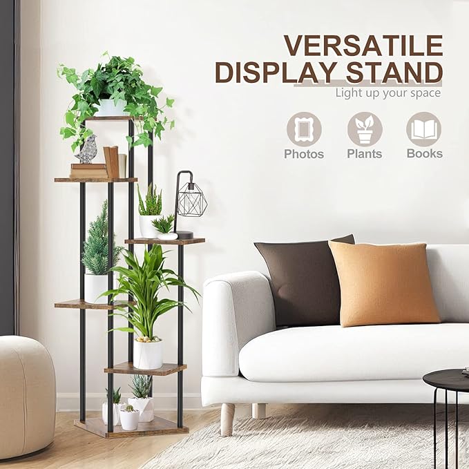 6 Tier Tall Plant Stand Indoor Outdoor, Large Wood Metal Planter Shelf Holder for Narrow Corner, Sturdy Vertical Multiple Flower Orchid Pot Decorative Rack for House Living Room Bedroom Office, Rustic Black