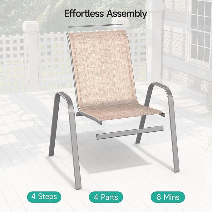 Patio Chairs Set of 2, Easily Set Up Stackable Outdoor Dining Chairs with High Back and Wide Seat, All Weather Breathable Outdoor Chairs Set of 2 with Metal Frame for Backyard Deck Pool, Beige