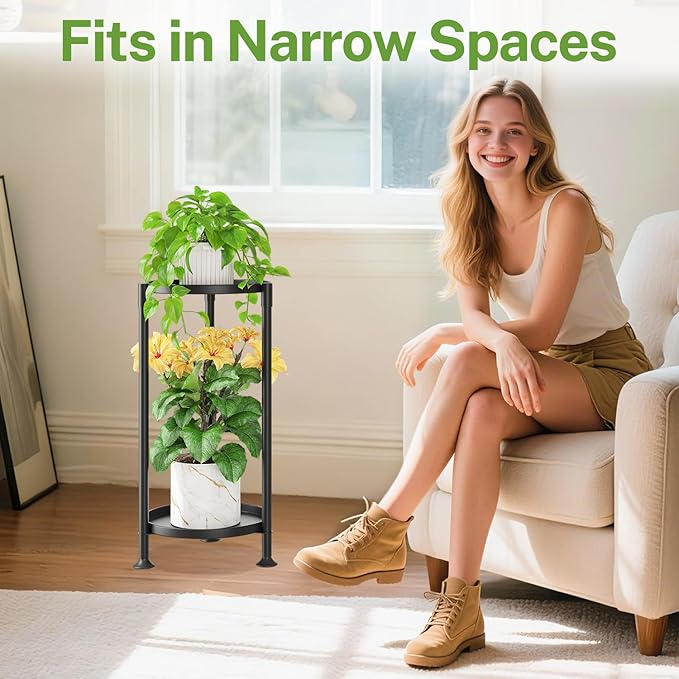 iDavosic.ly 2 Tier Plant Stand Indoor with 10 Inch Wide Tray, Tiered Corner Metal Outdoor Flower Display Holder, Vertical Tall Rack for Patio Porch Living Room, Modern Black