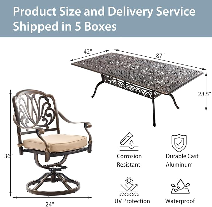 9-Piece Cast Aluminum Patio Furniture, Outdoor Dining Sets for 8 Include 87" Rectangular Patio Dining Table and 8 Swivel Chairs with Cushions & Umbrella Hole(Bronze)