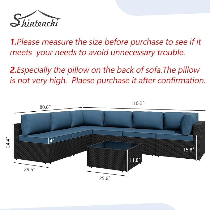 7 Pieces Outdoor Patio Sectional Sofa Couch, Wicker Furniture Patio Conversation Sets with Washable Cushions & Coffee Table for Garden, Poolside, Backyard