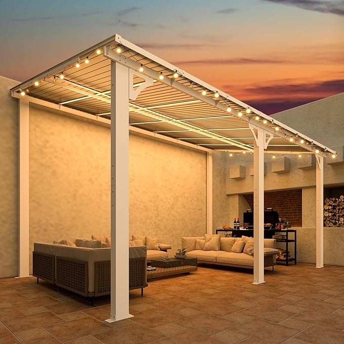 AECOJOY 14' x 8' White Gazebo Outdoor Pergola for Patio, Hard Top Lean to 8x14 Gazebo Shelter Pergolas and Gazebos Clearance with Patio Roof, Large Wall-Mounted Heavy Duty Awnings for Backyard