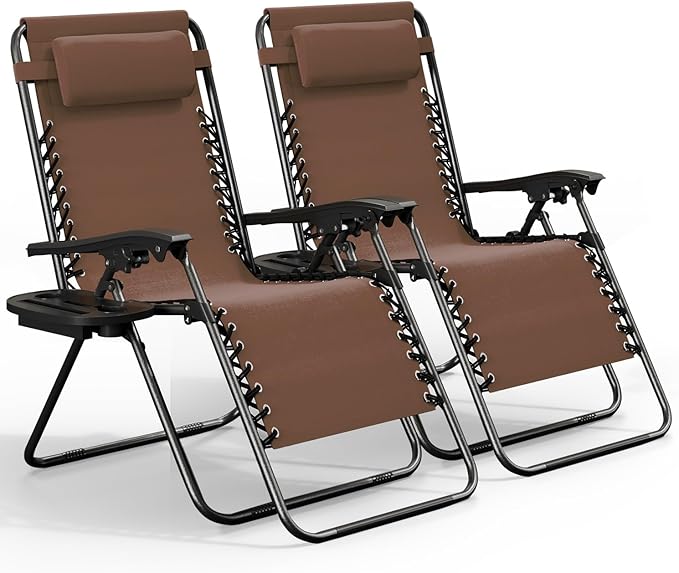 Nestl Zero Gravity Chairs Set of 2, Patio Lounge Chair Outdoor with Pillows & Cup Holder Trays, Adjustable Steel Mesh Reclining Camping Chair, Folding Patio Lawn Chair for Deck, Beach, Yard - Brown