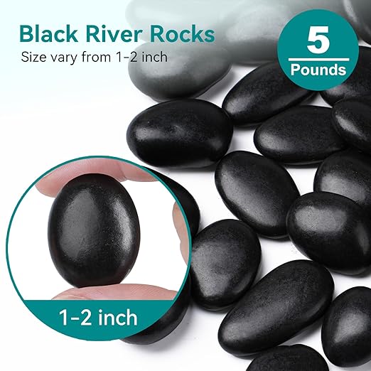 5 lbs Black Rocks for Planters, 1"-2" Decorative Rocks for Potted Plants, Polished Garden Stones for Outdoor Landscaping, Walkways, Yard, River Rocks for Flower Pots, Vase
