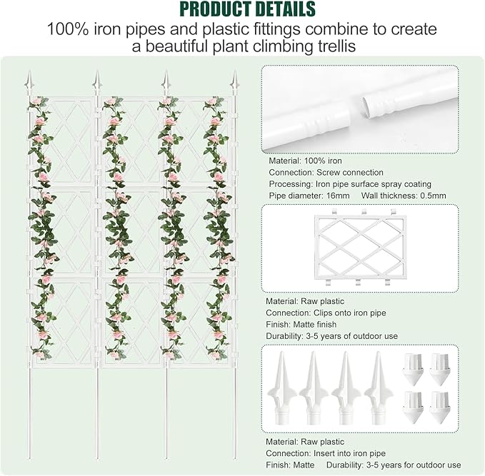5.25FT Metal Pipe Trellis for Climbing Plants Outdoor, Garden Wall White Trellis with Garden Twist Tie, Support Tall Plant Fence for Ivy Vines Rose Flower