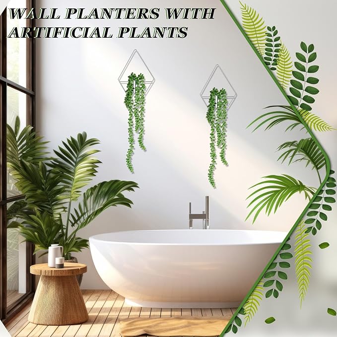 2 Pieces Wall Decor Hanging Planters with Artificial Plants Metal Hanging Vase Indoor Plants Holder Modern Boho Wall Art for Bathroom Bedroom Living Room Decor, Silver, Succulents