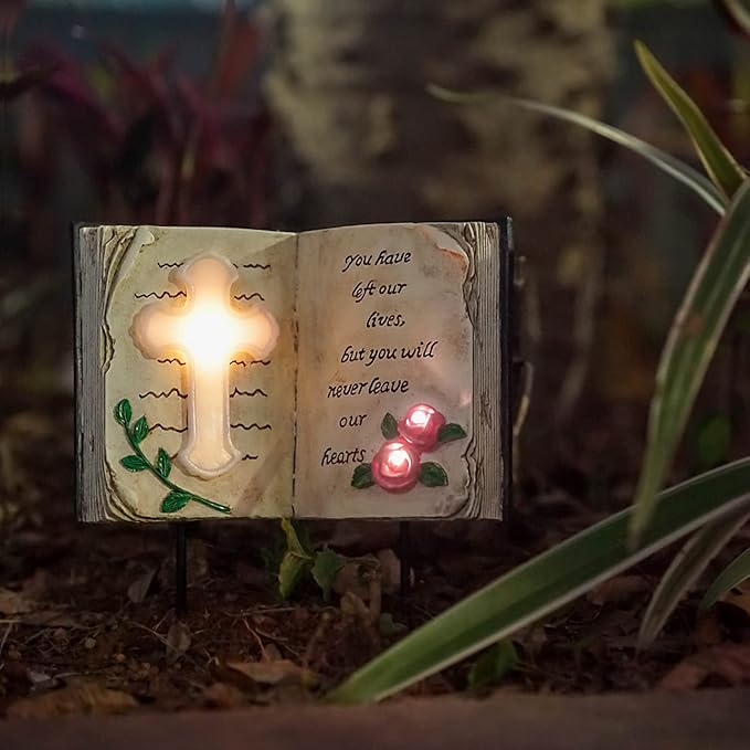 Outdoor Solar Memorial Cross Stakes Lights, Waterproof Book Statue Grave Decorations Sympathy Gifts for Cemetery Garden Lawn Yard Patio Home Decor