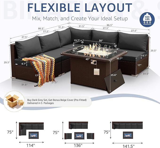 NICESOUL 6 Piece L Shape Outdoor Couch Set with Fire Pit Natural Gas/Propane, 29.3'' High Back Deep Wide Seated Patio Conversation for Deck, Wicker Patio Furniture Set, Brown Rattan and Grey Cushion