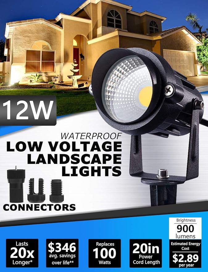 SUNVIE 12W Low Voltage Landscape Lighting LED Landscape Lights 3000K Waterproof Garden Pathway Lights 12V Outdoor Spotlights with Spike Stand, 2 Pack with Connectors