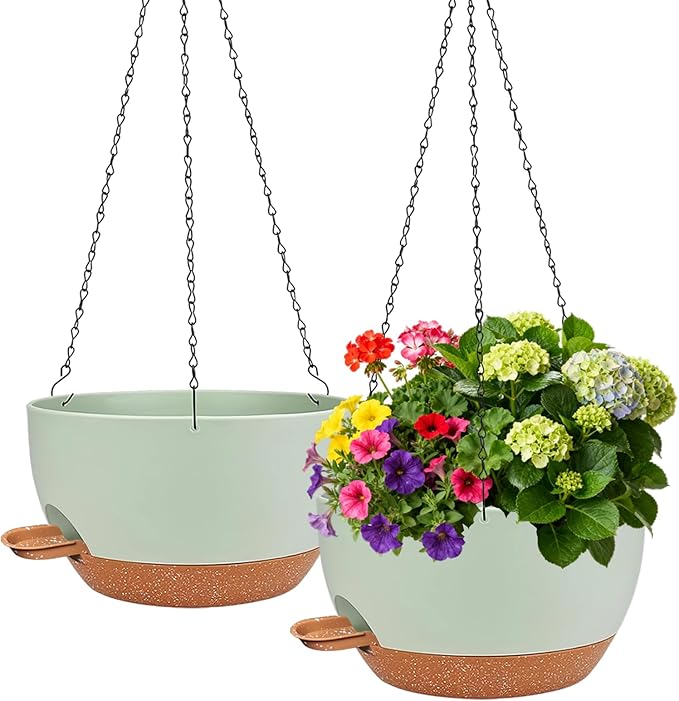 2 Pack Hanging Planters for Indoor Outdoor Plants, 12 Inch Self Watering Hanging Pot with Drainage Holes and Saucer, Plastic Plant Pots, Green Brown Flower Pots for Kitchen, Balcony, Garden