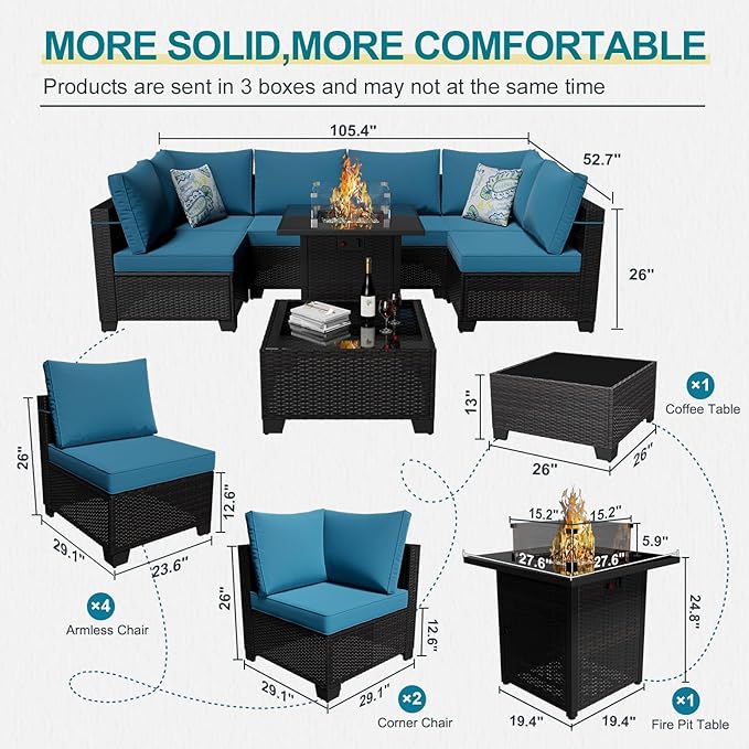 8-Piece Patio Furniture Set with 50,000 BTU Fire Pit Table - Wicker Outdoor Sectional Sofa with Thick Waterproof Cushions, Complete Conversation Set for Backyard Garden(Brown & Peacock Blue)
