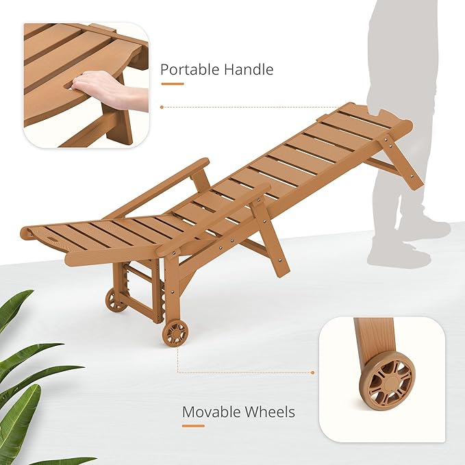 LUE BONA Chaise Lounge Chairs Set with Table, 3-Piece, 79'' Oversized HDPS Chaise Lounger, 5 Positions Adjustable Lounge Chairs, Pool Lounge Chair with Wheels for Poolside, 3 Year Warranty, Teak Color