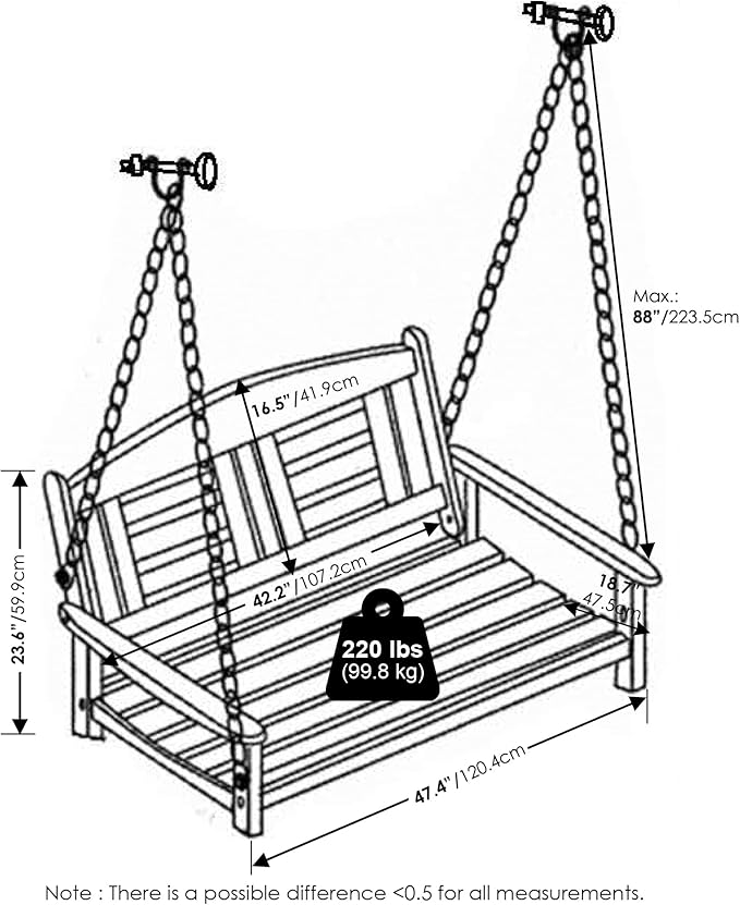 Furinno Tioman Hardwood Patio / Garden / Outdoor 4ft Porch Swing, 2 Seater with Hanging Chains, Natural
