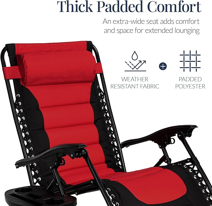 Best Choice Products Oversized Padded Zero Gravity Chair, Folding Outdoor Patio Recliner, XL Anti Gravity Lounger for Backyard w/Headrest, Cup Holder, Side Tray, Polyester Mesh - Red