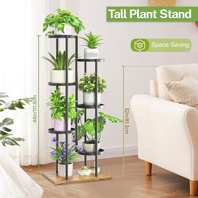 iDavosic.ly 6 Tier Plant Stand Indoor Outdoor, Tiered Corner Multiple Flower Pot Holder Shelf, Metal 44 Inch Tall Display Rack for Patio Porch Living Room Garden Balcony, Modern Black & Rustic Brown
