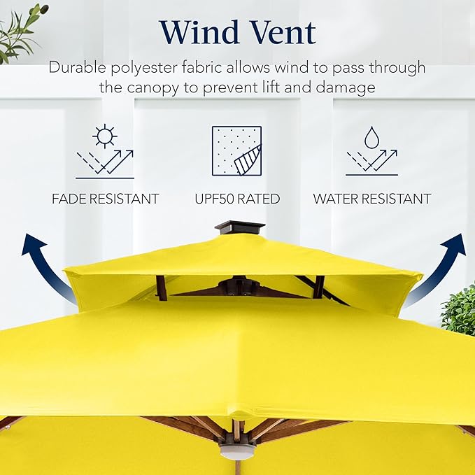 Best Choice Products 10ft Square Cantilever Patio Umbrella w/Base Included, Woodgrain Pattern Pole & Solar LED Lights, 360-Rotation, Offset Hanging Outdoor Shade - Yellow
