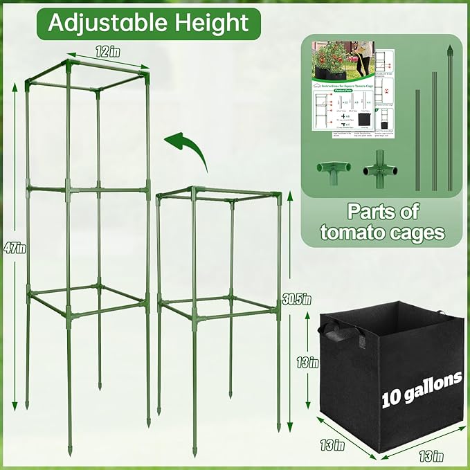 ANPHSIN 3 Sets Tomato Cages with 10 Gallon Grow Bags - 47'' Stable Plant Support Trellis Kit, Square Cages with Planter Pots for Garden Flowers Vegetables Cucumber Vertical Climbing Plants Vines
