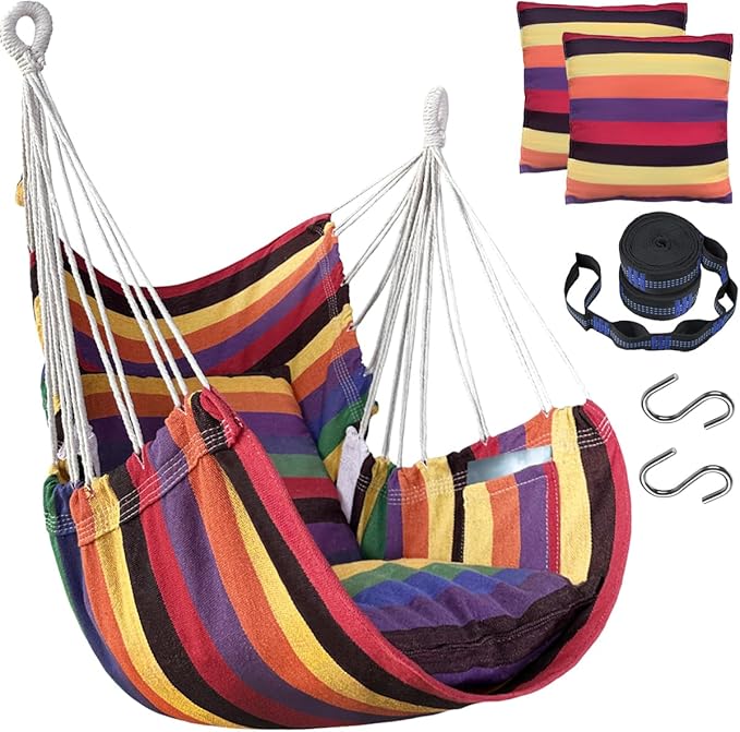 Halalona Hammock Chair Hanging Hammock Chair Rope Swing 2 Cushions Included-Sturdy & Durable Soft Cotton Hand Woven Hammock Swing for Bedroom, Porch, Patio-Indoor/Outdoor