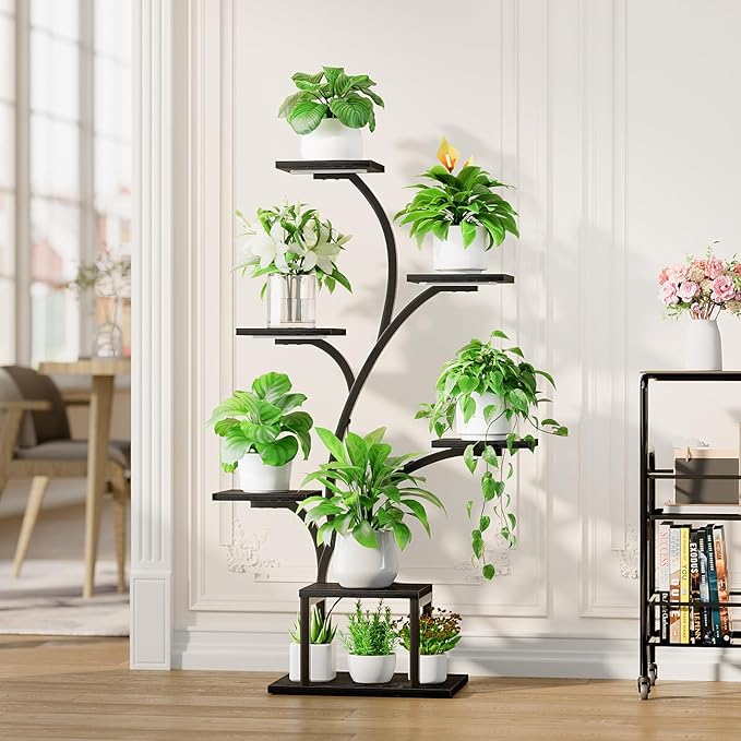 Plant Stand Indoor with Grow Lights, 7 Tiered Indoor Plant Shelf, 49" Corner Plant Stands for Indoor Plants, Metal Plant Flower Display Shelf, Tree-Shaped Plant Rack for Home, Black