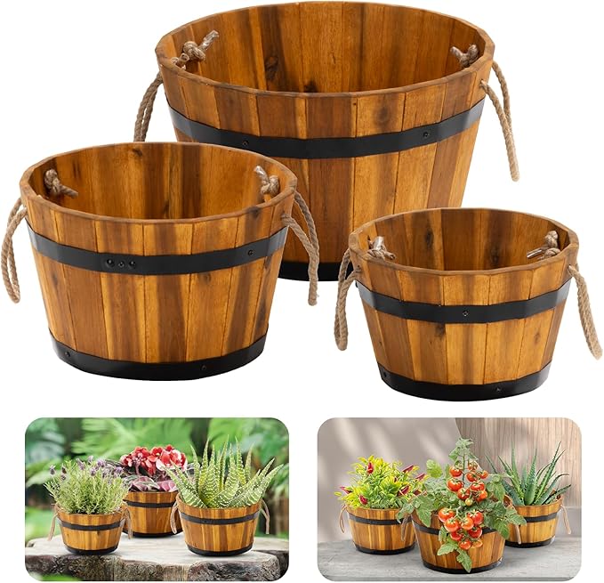 Set of 3 Wooden Flower Boxes Outdoor, Durable Acacia Wood Barrel Planters for Outdoor Plants with Ergonomic Handles, Drainage Holes, Multiple Sizes Wood Bucket Planter for Home Décor