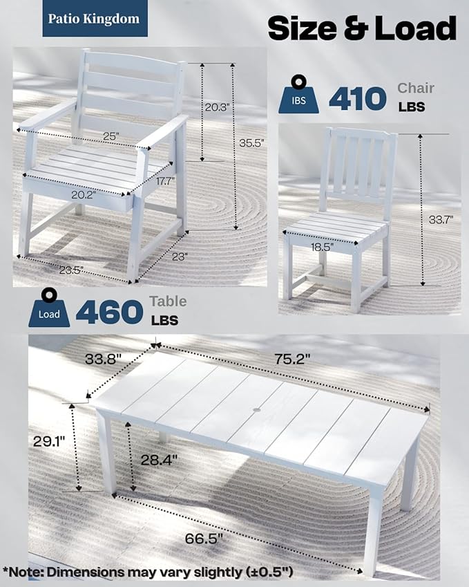 9-Piece White Outdoor Dining Set with White 15FT Large Patio Umbrella, 75.2'' HDPE Table & Chairs for 8, Weather-Resistant Furniture with Umbrella Hole for Patio, Lawn, Poolside